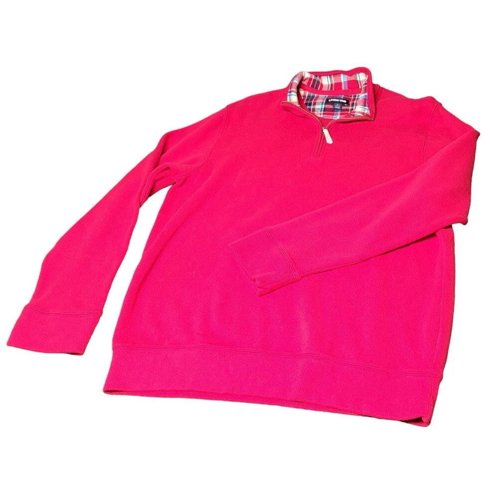 Lands' End Men's Red Quarter-Zip Pullover Sweater Plaid Collar Size Large